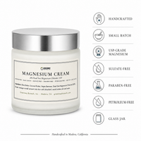 Magnesium Cream feature badges: handcrafted, small batch, USP-grade, sulfate-, paraben- and petroleum-free, glass jar