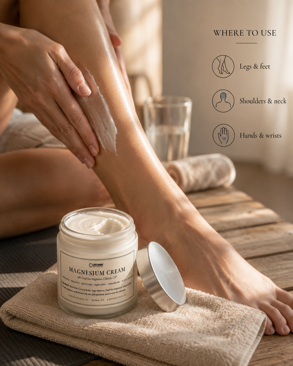 Hands massaging Magnesium Cream into a calf, with callouts for legs and feet, shoulders and neck, hands and wrists