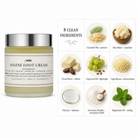 Infographic of Solene Foot Cream's eight ingredients, from carnauba wax and shea butter to arrowroot and peppermint oil