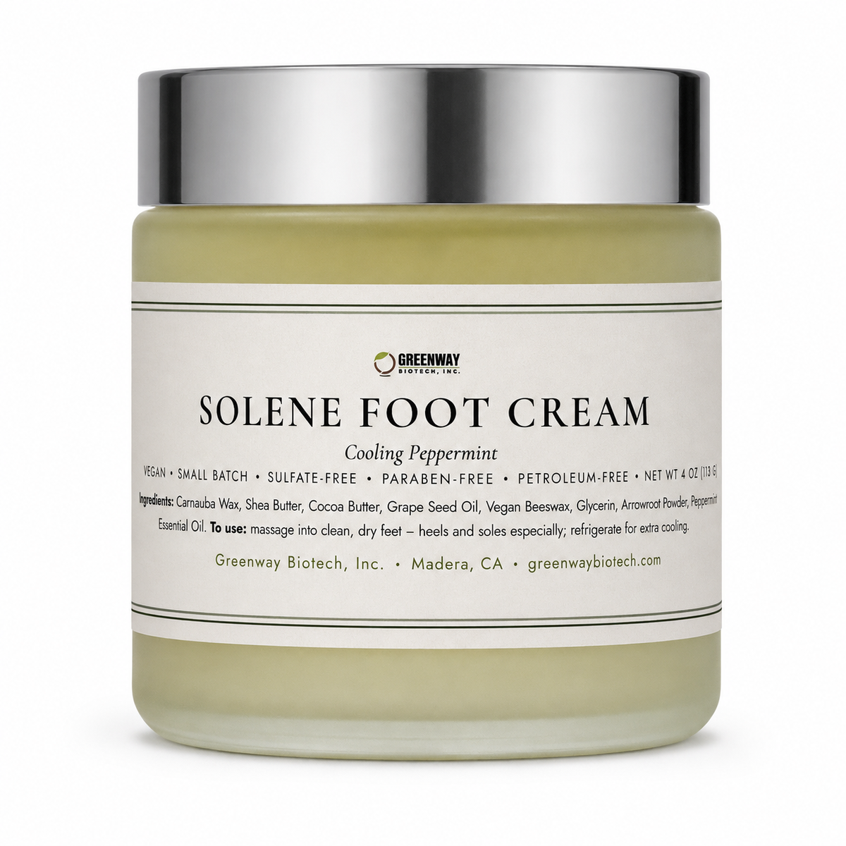 Greenway Biotech Solene Foot Cream, cooling peppermint, 4 oz frosted glass jar with silver lid on white background