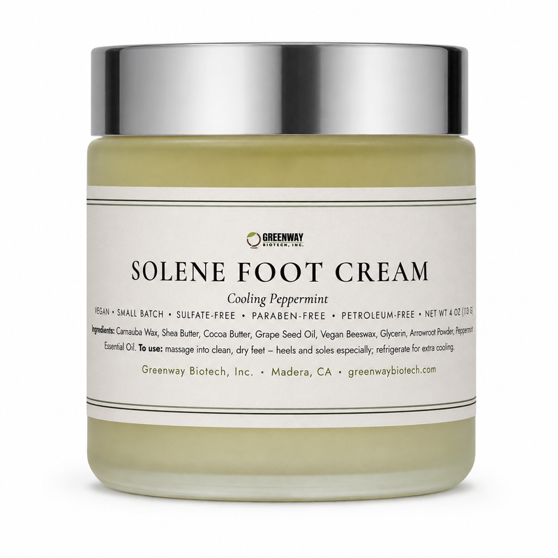 Greenway Biotech Solene Foot Cream, cooling peppermint, 4 oz frosted glass jar with silver lid on white background