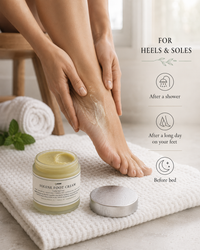 Hands massaging Solene Foot Cream into a heel on a bath mat, with callouts for after a shower and before bed