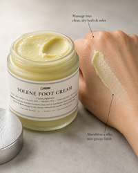 Close-up of Solene Foot Cream's smooth texture absorbing into skin with a non-greasy matte finish