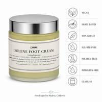 Solene Foot Cream feature badges: vegan, small batch, non-greasy, sulfate-, paraben- and petroleum-free, glass jar