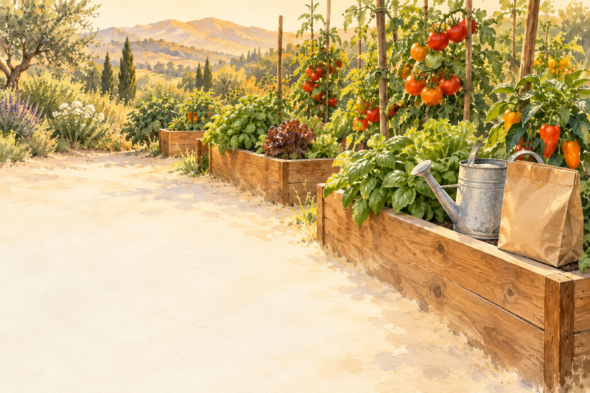 Watercolor illustration of raised garden beds with ripe tomatoes, peppers, basil and lettuce, a watering can and a kraft paper bag, with golden California foothills behind