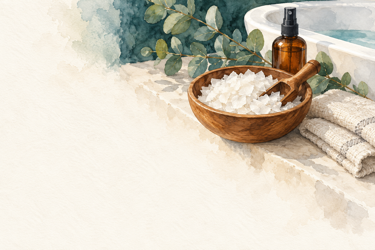 Watercolor illustration of a wooden bowl of white magnesium flakes with a scoop, an amber spray bottle, a folded towel and eucalyptus beside a bathtub