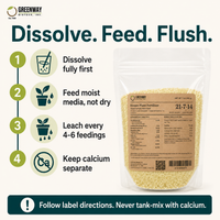 How to use Houseplant Food 21-7-14: dissolve, feed moist media, flush, keep calcium separate