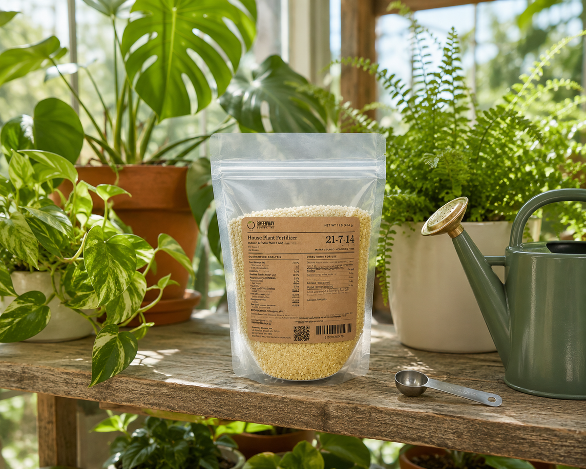 All-Purpose Houseplant Food 21-7-14 on a sunroom plant shelf among healthy foliage houseplants
