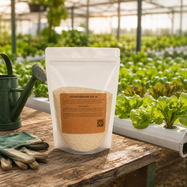Lettuce Fertilizer 8-15-36 on a potting bench in a hydroponic greenhouse with crisp green lettuce