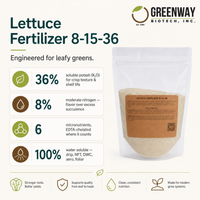 Lettuce Fertilizer 8-15-36 key stats: 36% potash, 8% nitrogen, 6 micronutrients, 100% water soluble