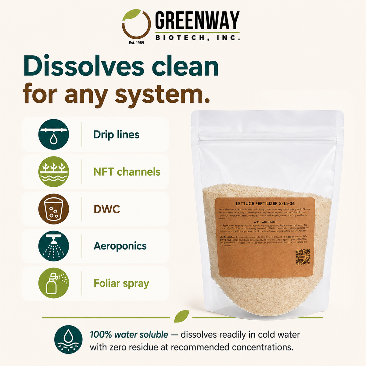 Lettuce Fertilizer 8-15-36 dissolves clean for drip, NFT, DWC, aeroponic, and foliar systems