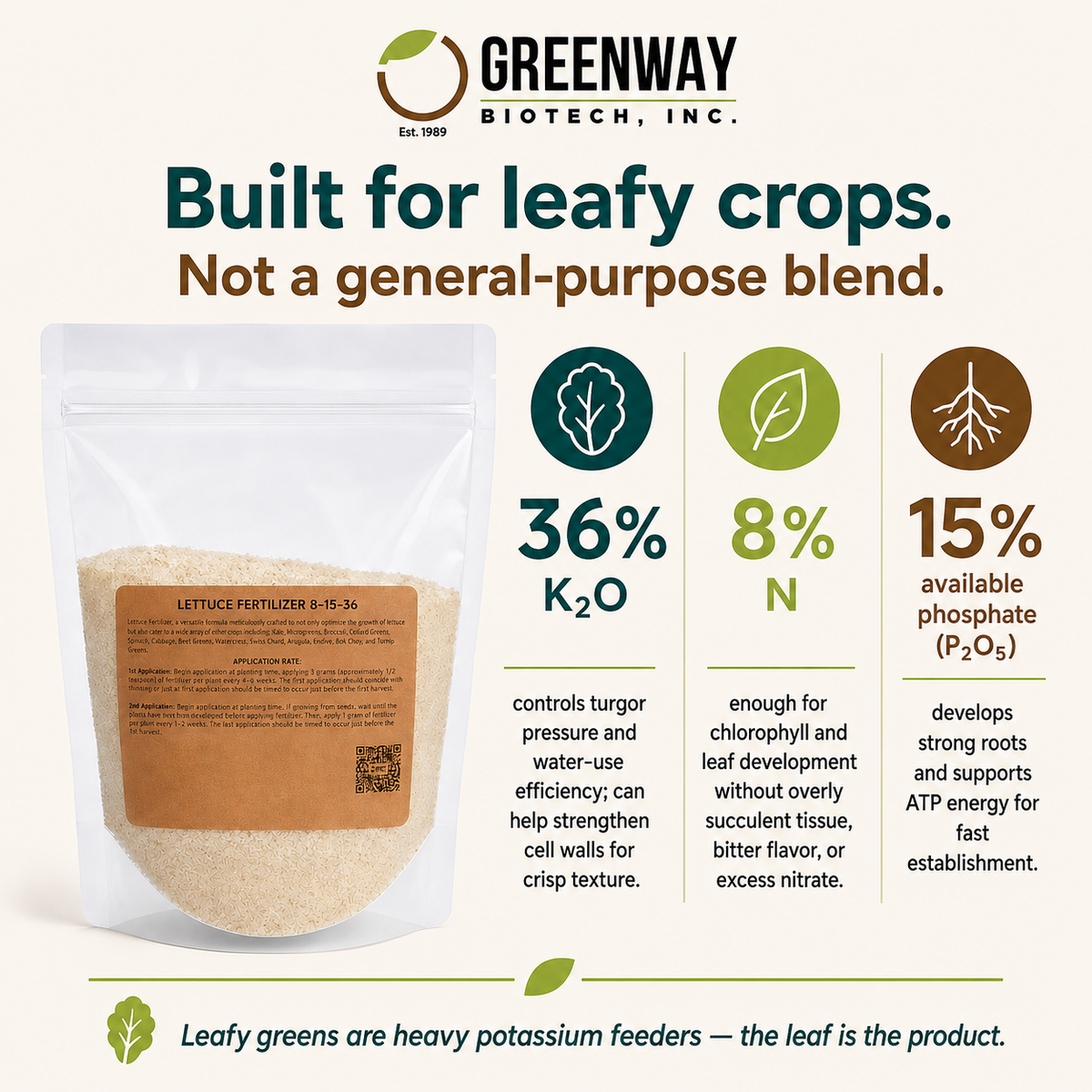 Lettuce Fertilizer 8-15-36 NPK breakdown showing why high-K, moderate-N suits leafy greens