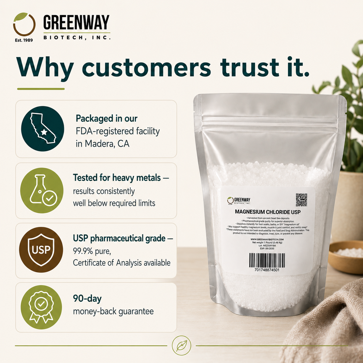Why customers trust Magnesium Chloride USP, made in Madera CA, tested for heavy metals