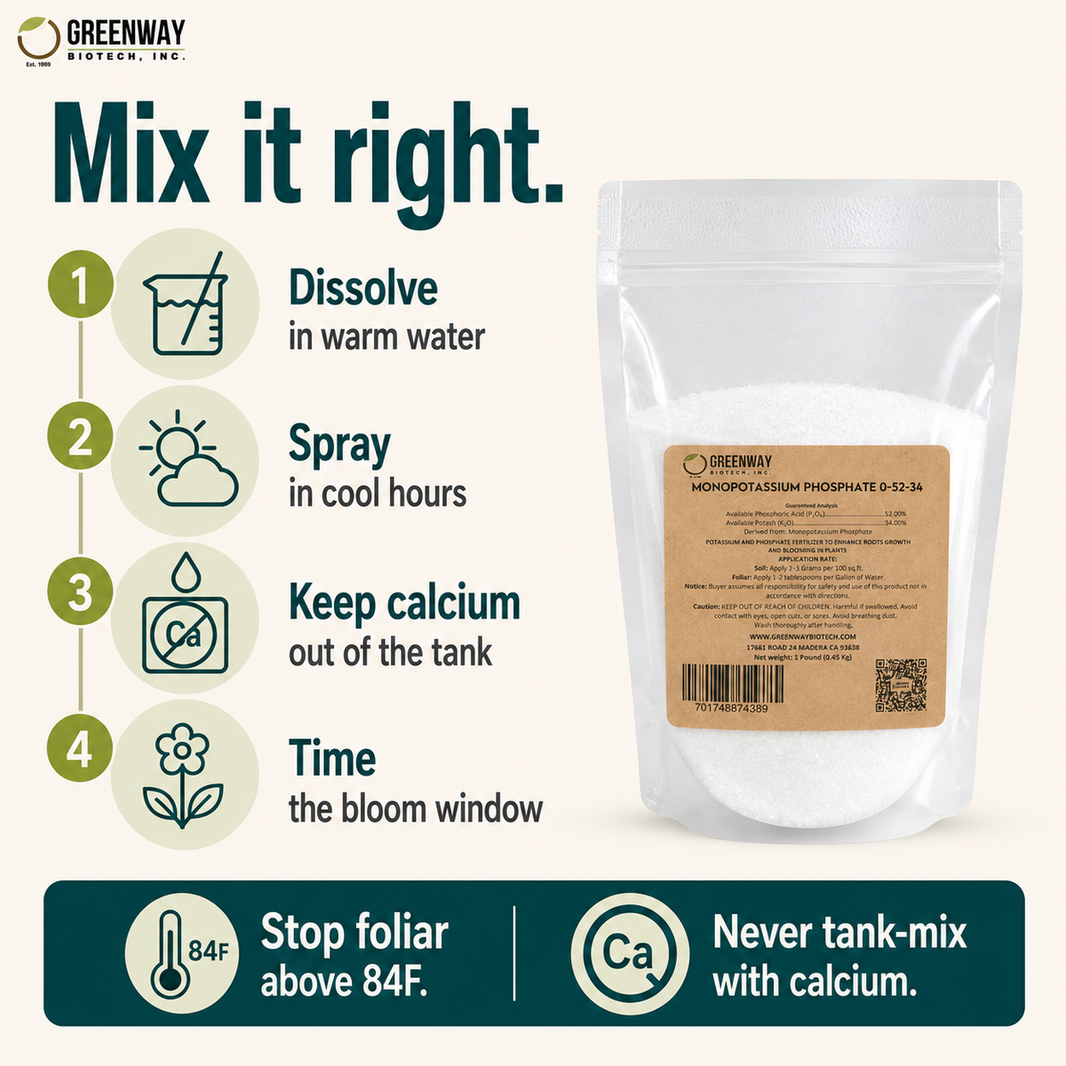 How to mix Monopotassium Phosphate 0-52-34 safely, including the calcium tank-separation rule