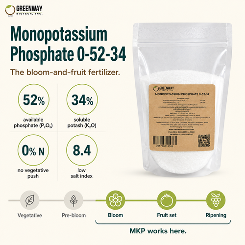 Monopotassium Phosphate 0-52-34 key stats: 52% phosphate, 34% potash, 0% nitrogen, low salt index