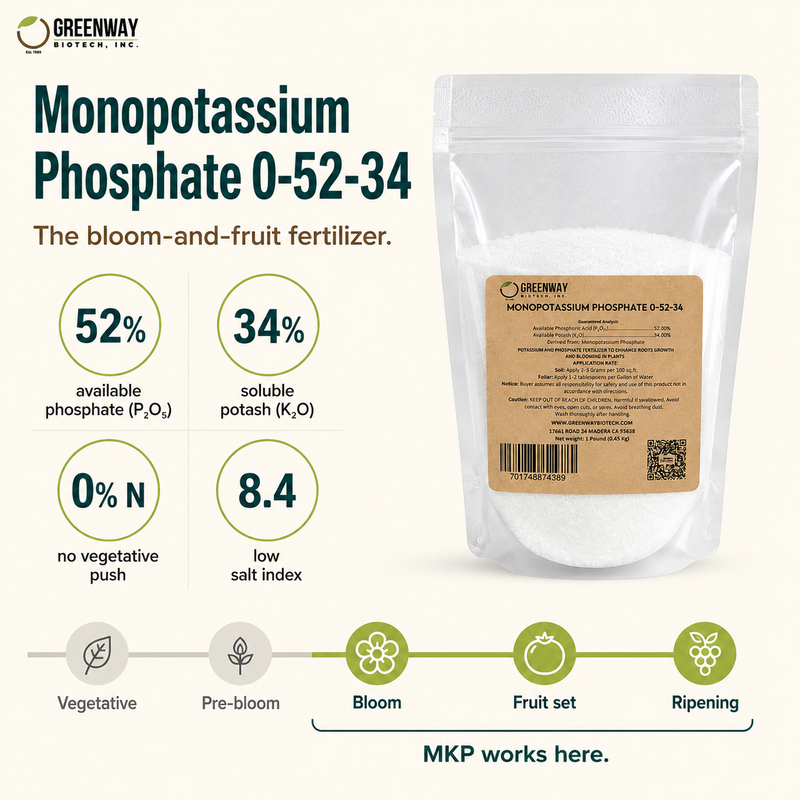 Monopotassium Phosphate 0-52-34 key stats: 52% phosphate, 34% potash, 0% nitrogen, low salt index