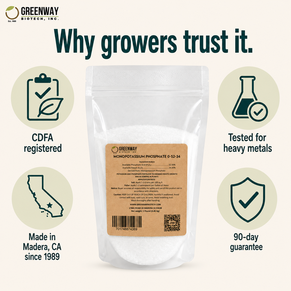 Monopotassium Phosphate 0-52-34 trust signals: CDFA registered, heavy-metal tested, made in California, guarantee