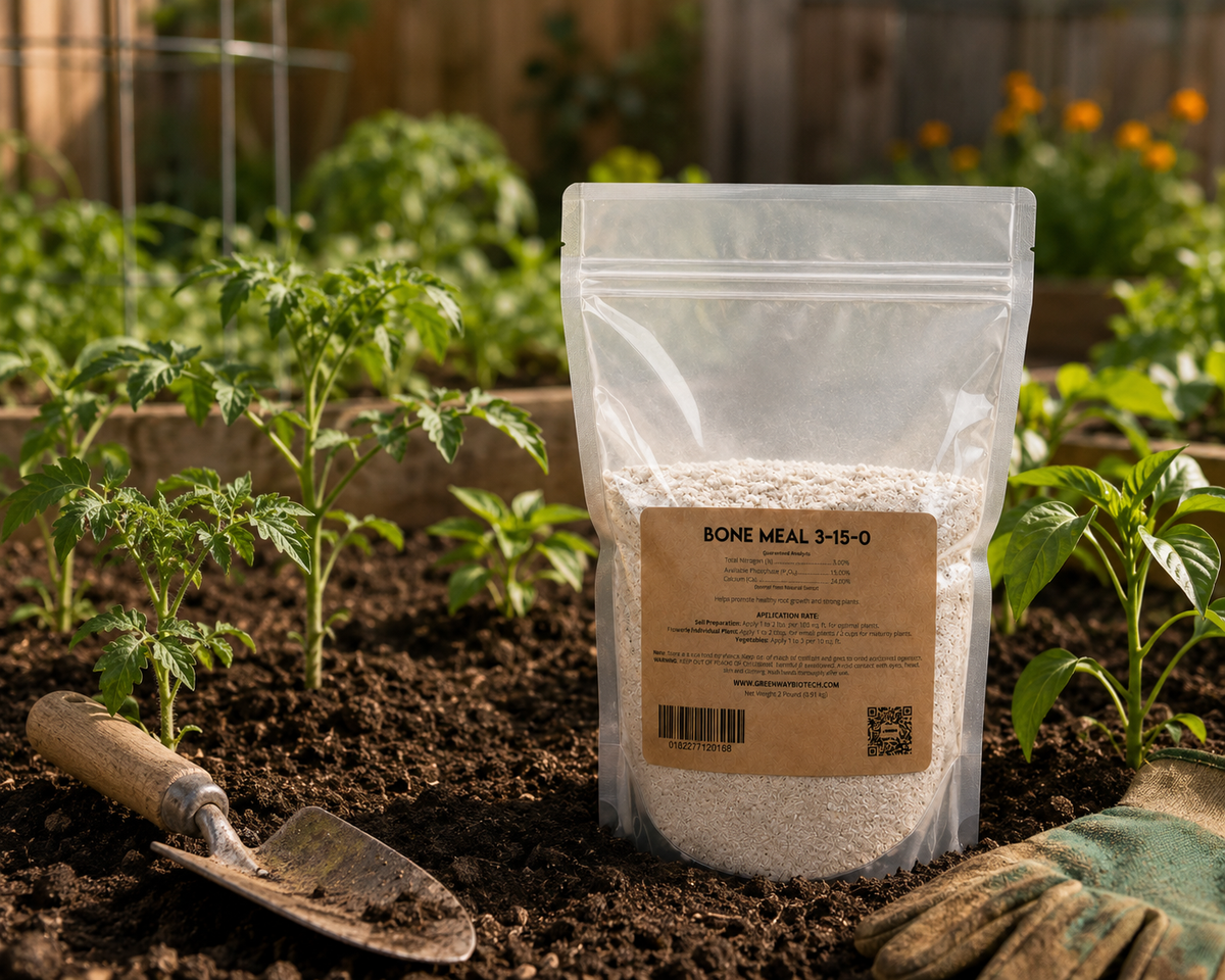 Organic Bone Meal Fertilizer 3-15-0 in a spring vegetable garden with tomato transplants and garden tools