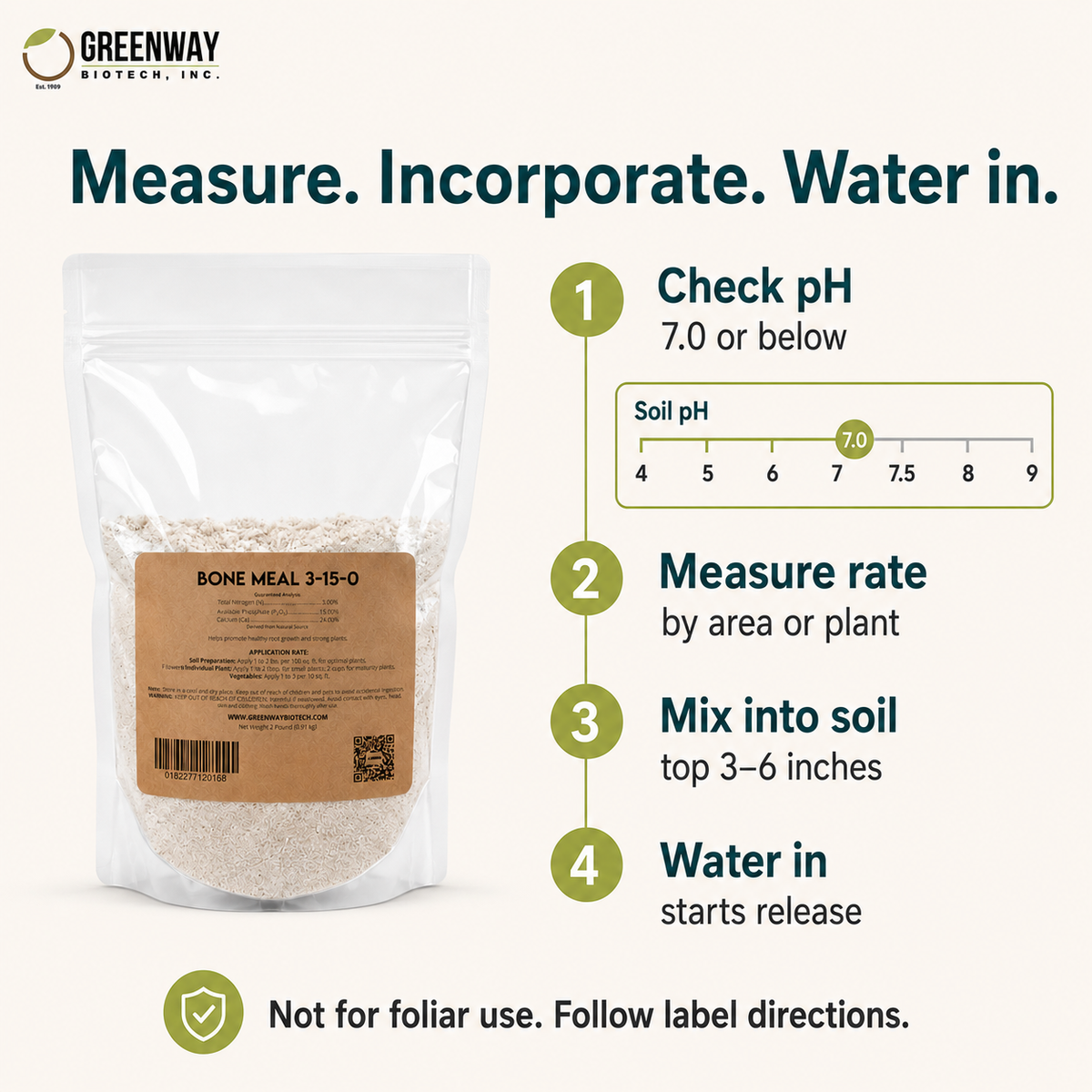 How to apply Bone Meal 3-15-0 - check soil pH, measure rate, incorporate into soil, and water in