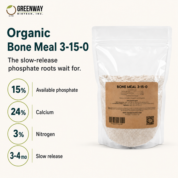 Organic Bone Meal Fertilizer 3-15-0 with 15% available phosphate and 24% calcium, slow-release organic amendment
