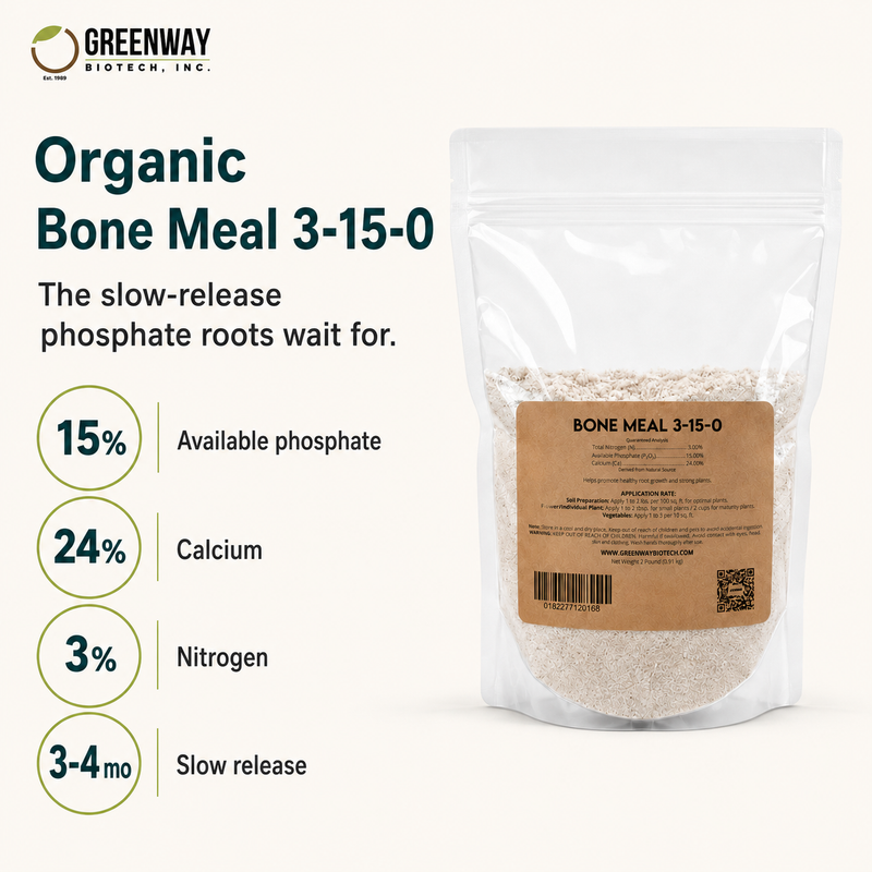 Organic Bone Meal Fertilizer 3-15-0 with 15% available phosphate and 24% calcium, slow-release organic amendment
