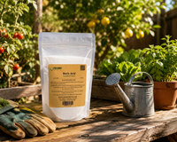 Organic Boric Acid 17% boron bag on a potting bench in a sunlit garden