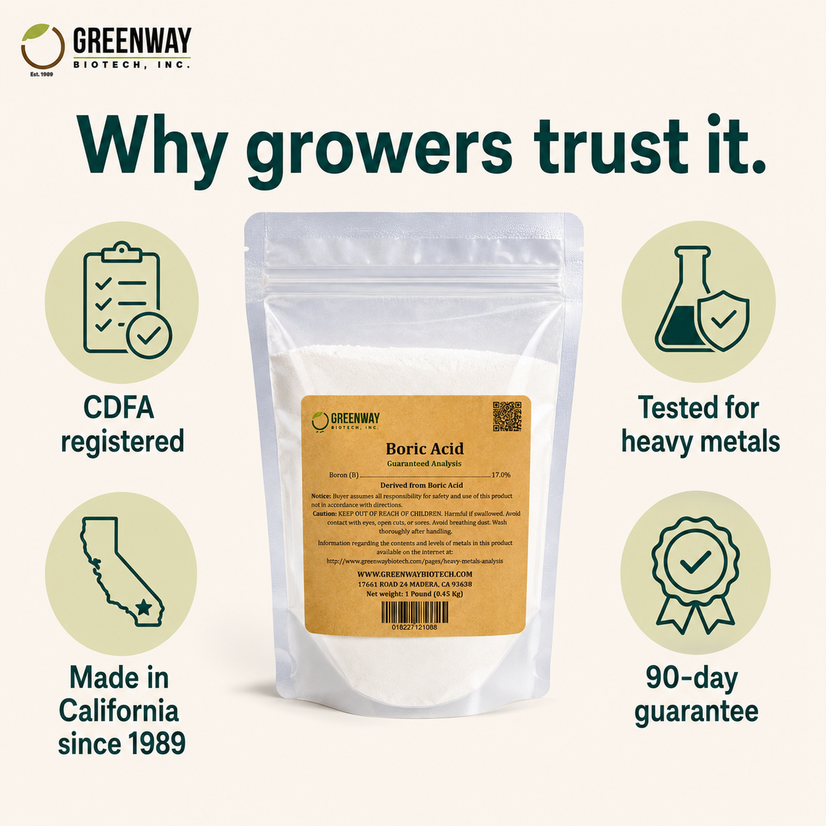 Organic Boric Acid 17% CDFA registered, tested for heavy metals, 90-day guarantee