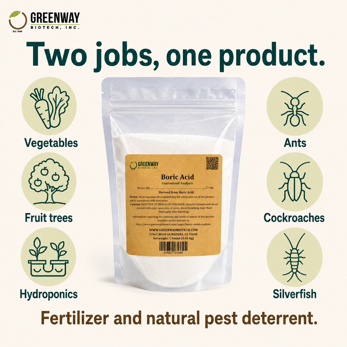 Organic Boric Acid 17% uses for vegetables, fruit trees, hydroponics, ants, roaches
