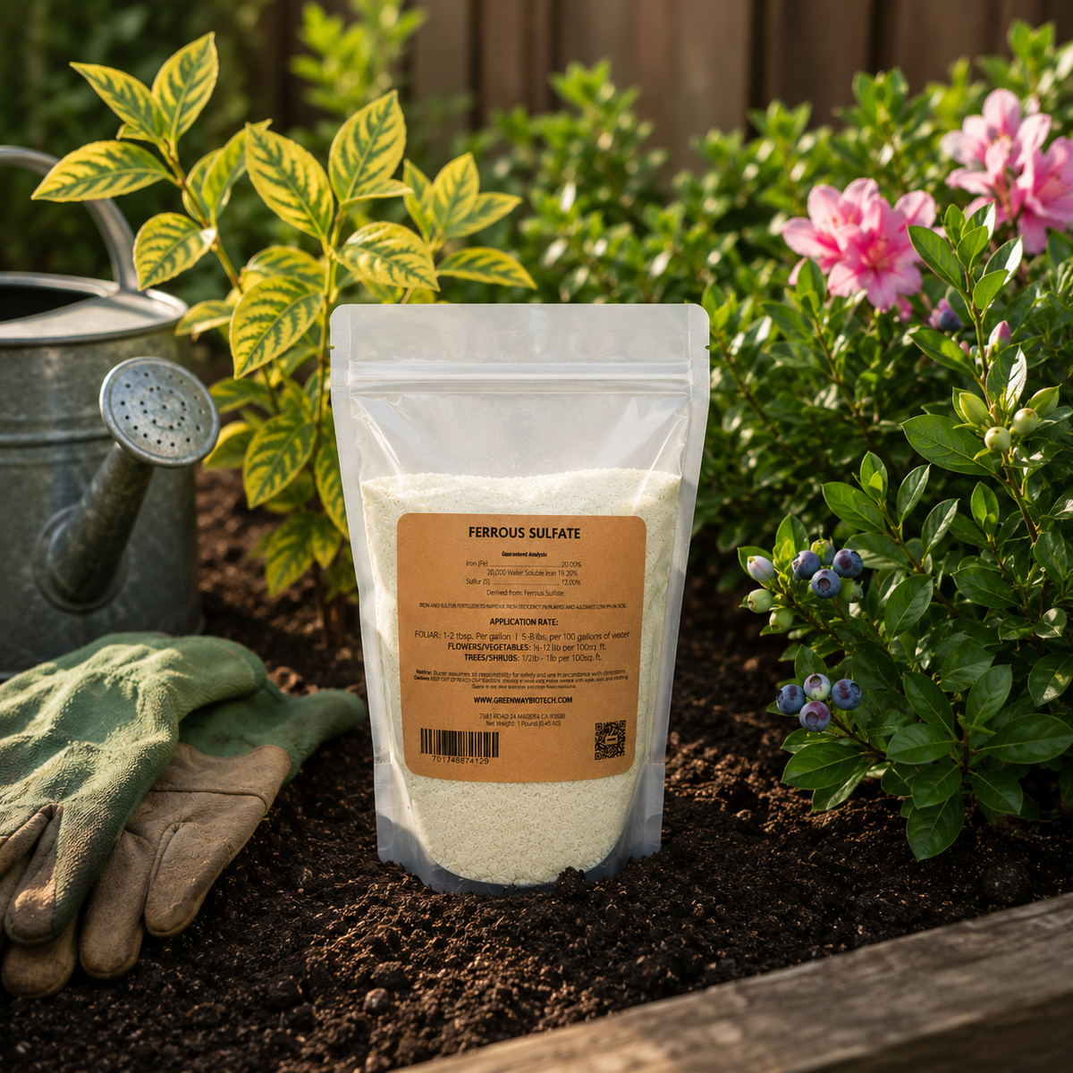 Organic Ferrous Sulfate bag on dark garden soil beside watering can with healthy green foliage