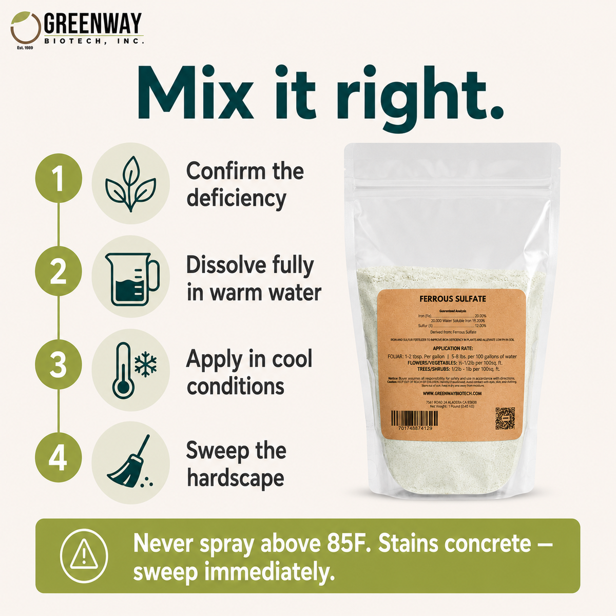 How to use Organic Ferrous Sulfate safely: confirm, dissolve, apply cool, sweep hardscape