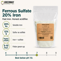 Organic Ferrous Sulfate 20% iron key stats: 20% Fe, 12% S, 100% soluble, best below pH 7
