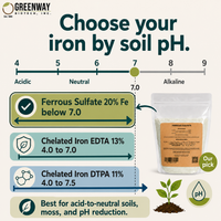 Choose iron by soil pH: Ferrous Sulfate below 7, Chelated Iron EDTA and DTPA for higher pH