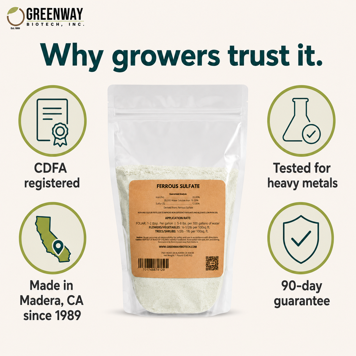 Organic Ferrous Sulfate is CDFA registered, tested for heavy metals, made in Madera CA since 1989