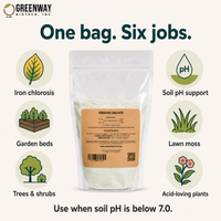 Organic Ferrous Sulfate uses: chlorosis, garden beds, trees, soil pH, lawn moss, acid plants