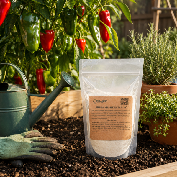 Pepper and Herb Fertilizer 11-11-40 bag in a backyard garden with ripening peppers and herbs