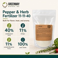 Pepper and Herb Fertilizer 11-11-40 key stats - 40% potash, 11% nitrogen, 11% phosphate, 100% water soluble