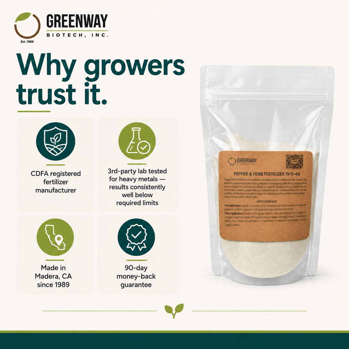 Pepper and Herb Fertilizer 11-11-40 trust signals - CDFA registered, tested for heavy metals, made in Madera CA