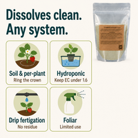 Strawberry Fertilizer 8-12-32 dissolves clean for soil, hydroponic, drip fertigation, and foliar application.