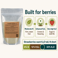 Strawberry Fertilizer 8-12-32 NPK logic: moderate nitrogen, enhanced phosphate, very high potash for berries.