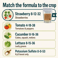 Strawberry Fertilizer 8-12-32 compared to Tomato, Cucumber, Lettuce, and Potassium Sulfate formulas by crop.