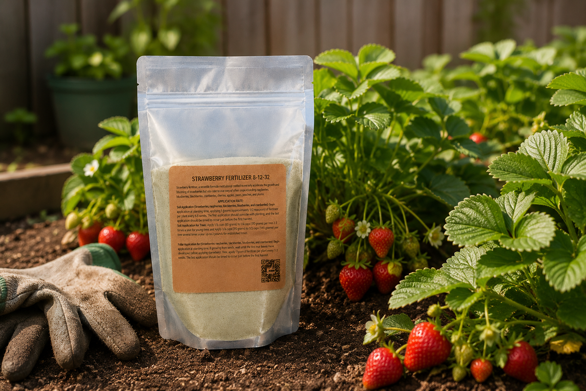 Strawberry Fertilizer 8-12-32 bag in a backyard strawberry patch with ripening red berries.