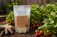 Strawberry Fertilizer 8-12-32 bag in a backyard strawberry patch with ripening red berries.