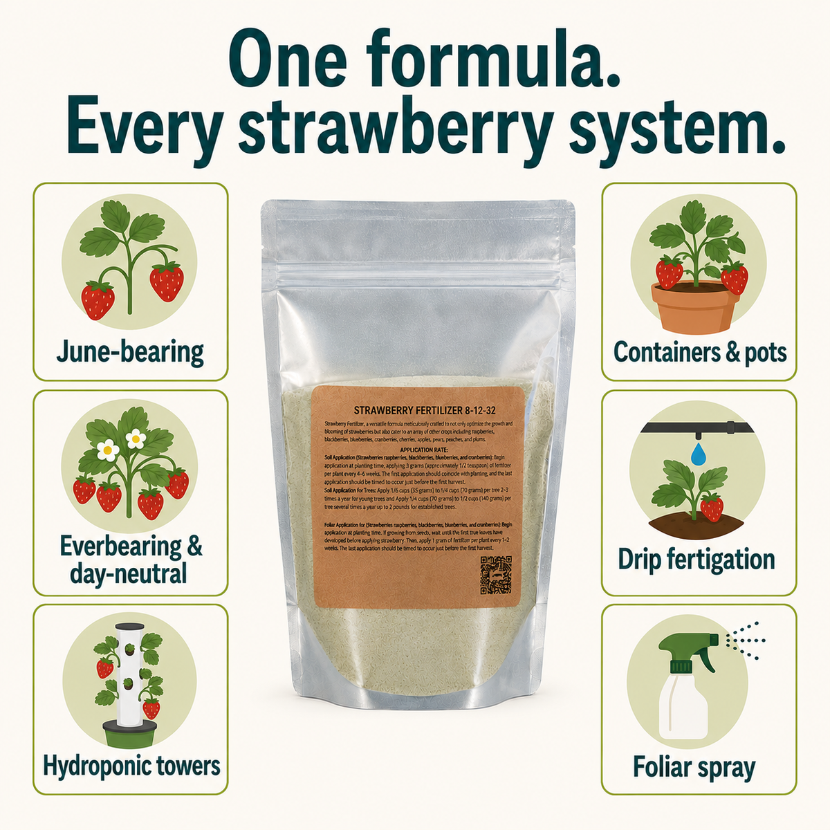 Strawberry Fertilizer 8-12-32 works for June-bearing, everbearing, hydroponic, container, drip, and foliar systems.
