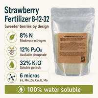 Strawberry Fertilizer 8-12-32 key stats: 32% potash, 12% phosphate, 6 micros, 100% water soluble.