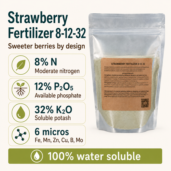 Strawberry Fertilizer 8-12-32 key stats: 32% potash, 12% phosphate, 6 micros, 100% water soluble.