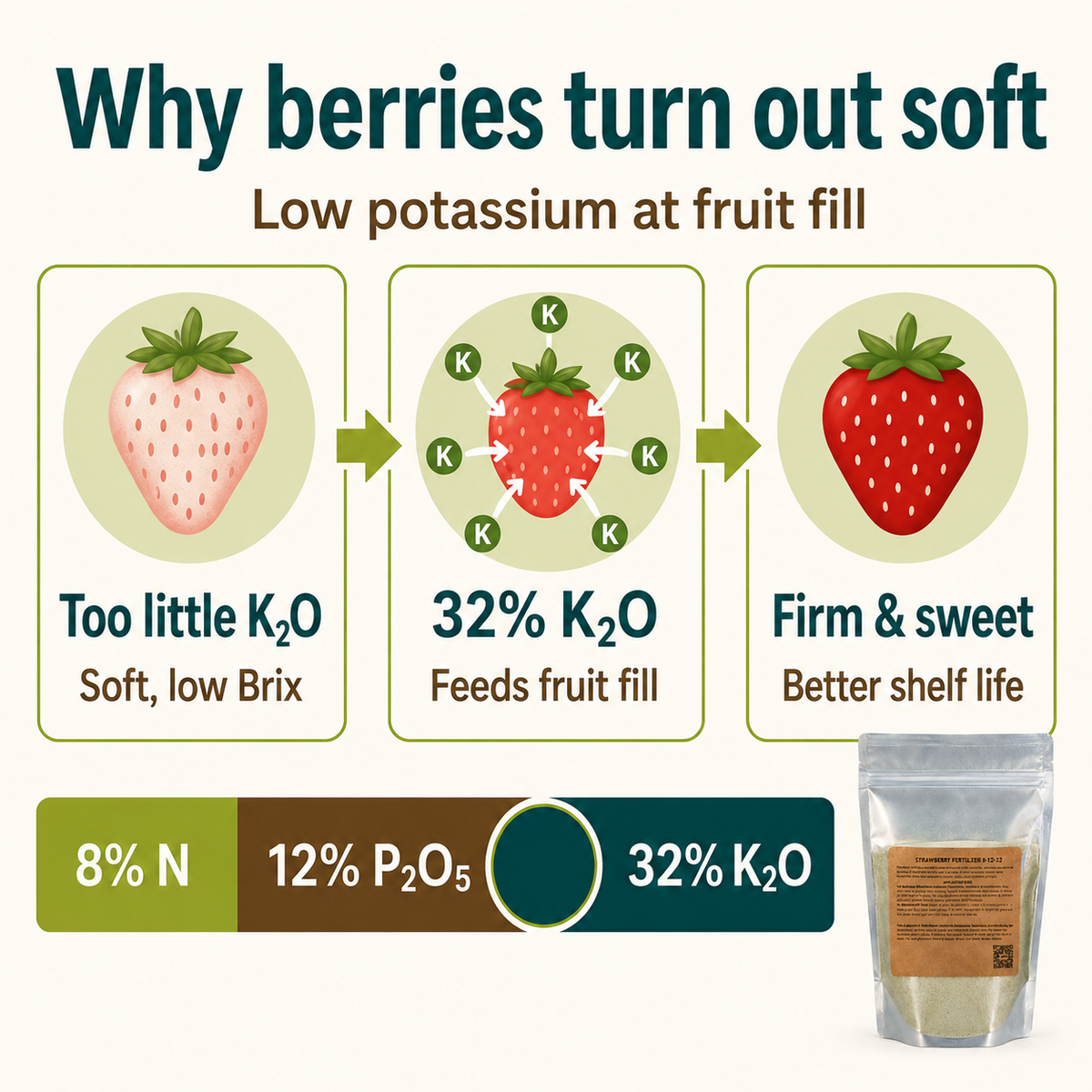 Strawberry Fertilizer 8-12-32 shows how 32% potash supports firmer, sweeter berries at fruit fill.