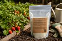 Strawberry Fertilizer 8-12-32 bag in a backyard strawberry patch with ripening red berries.