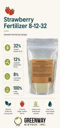 Strawberry Fertilizer 8-12-32 key stats: 32% potash, 12% phosphate, 8% nitrogen, 100% water soluble.
