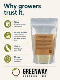 Strawberry Fertilizer 8-12-32 is CDFA registered, tested for heavy metals, made in Madera CA since 1989, 90-day guarantee.