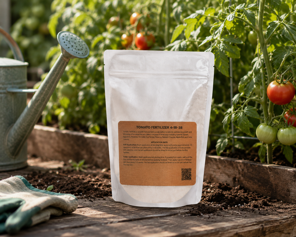 Tomato Fertilizer 4-18-38 bag in a sunlit garden beside ripening tomato plants